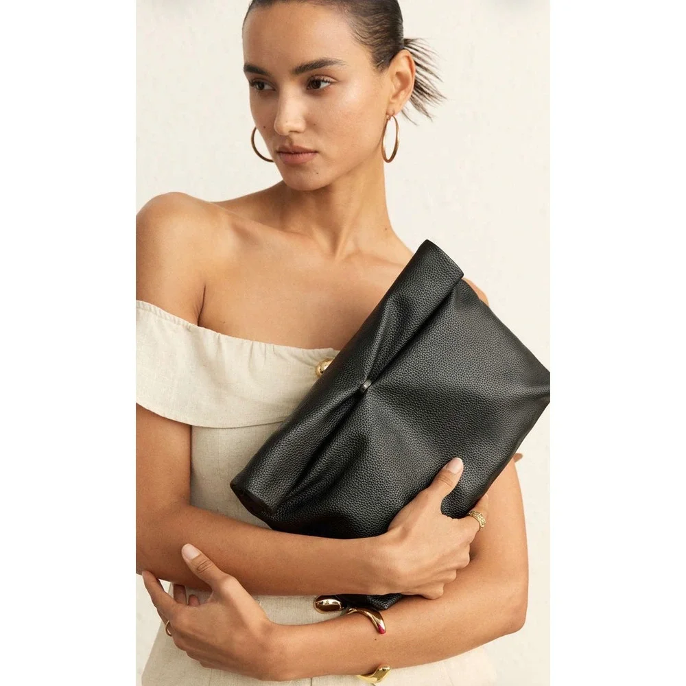 Micas Womens Faux Leather Clutch Bag Black Foldover Oversized Evening Pouch